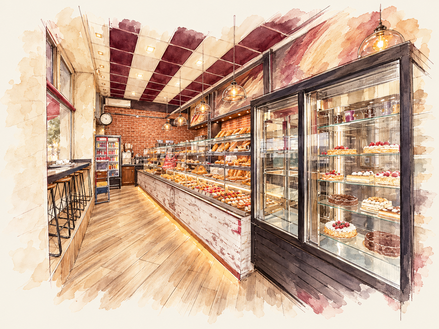 Croquis à l’aquarelle de l’intérieur de la Boulangerie Wilson, avec ses vitrines et son comptoir